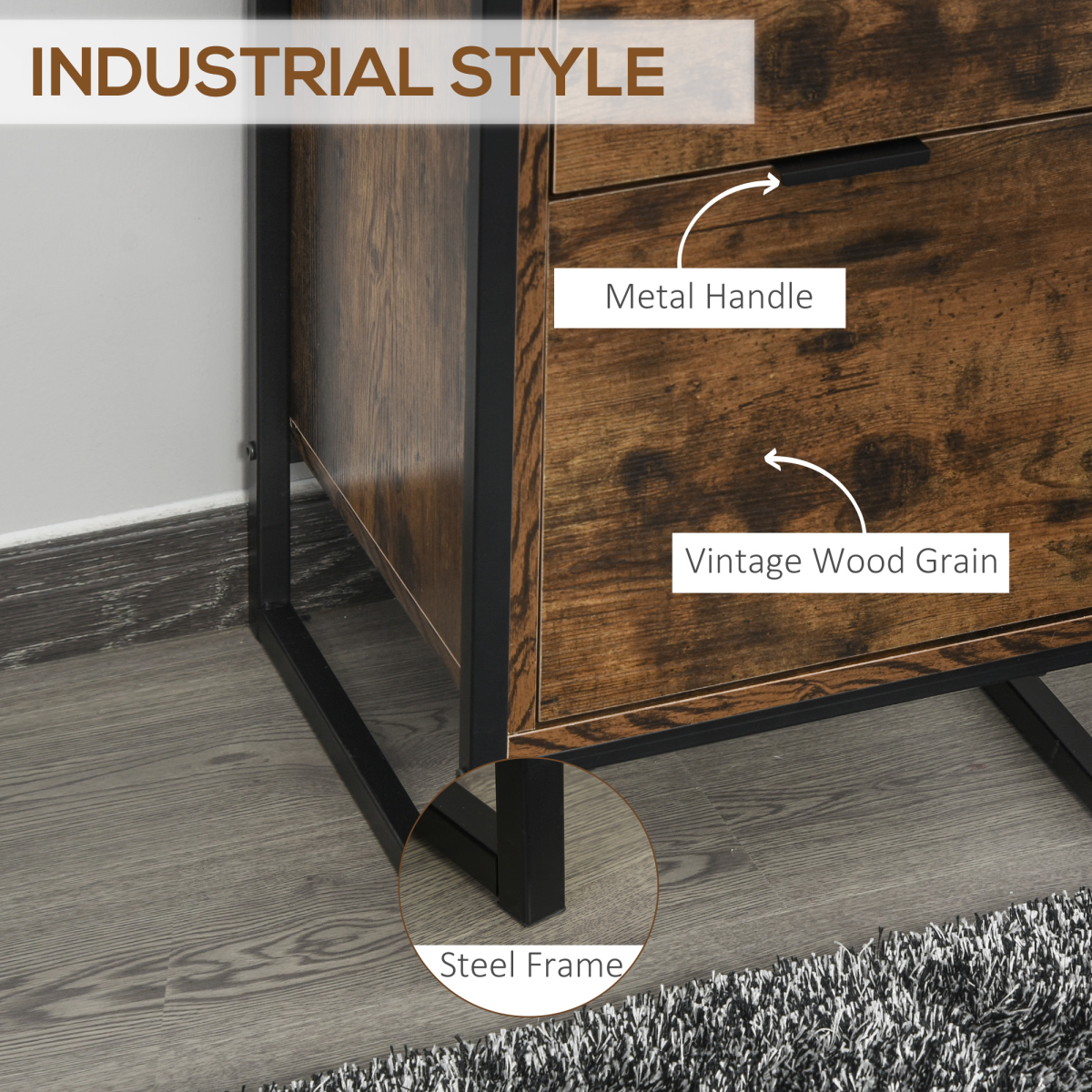 Industrial 3-Drawer Bedside Table with Steel Frame & Elevated Base – Bedroom Storage, Rustic Brown