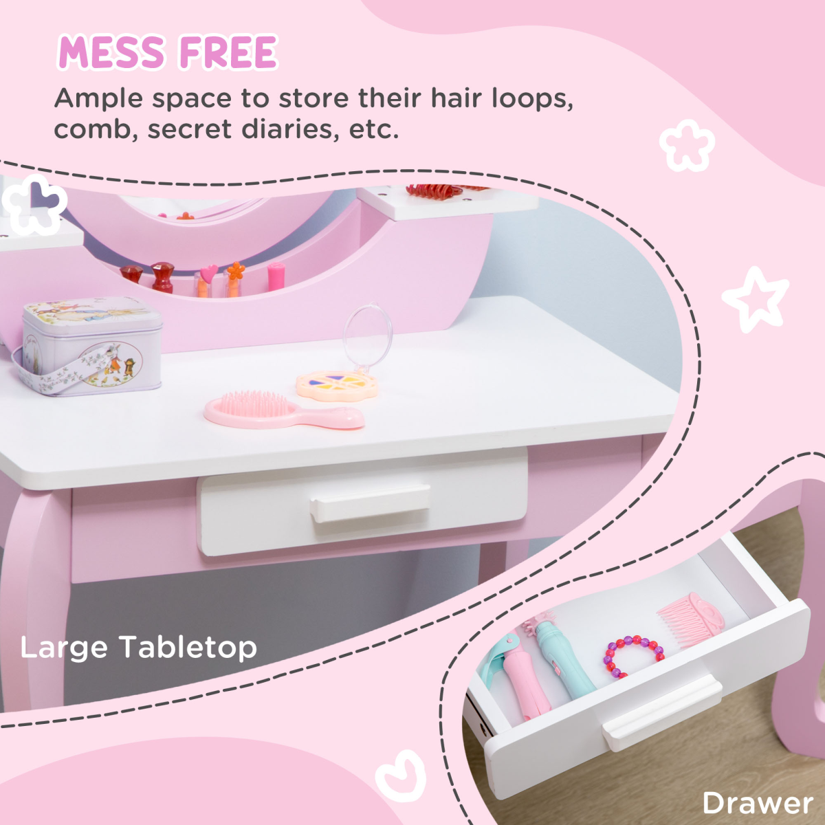 ZONEKIZ Kids Dressing Table with Mirror, Stool & Storage Drawer – Pink Vanity Set for Ages 3-6