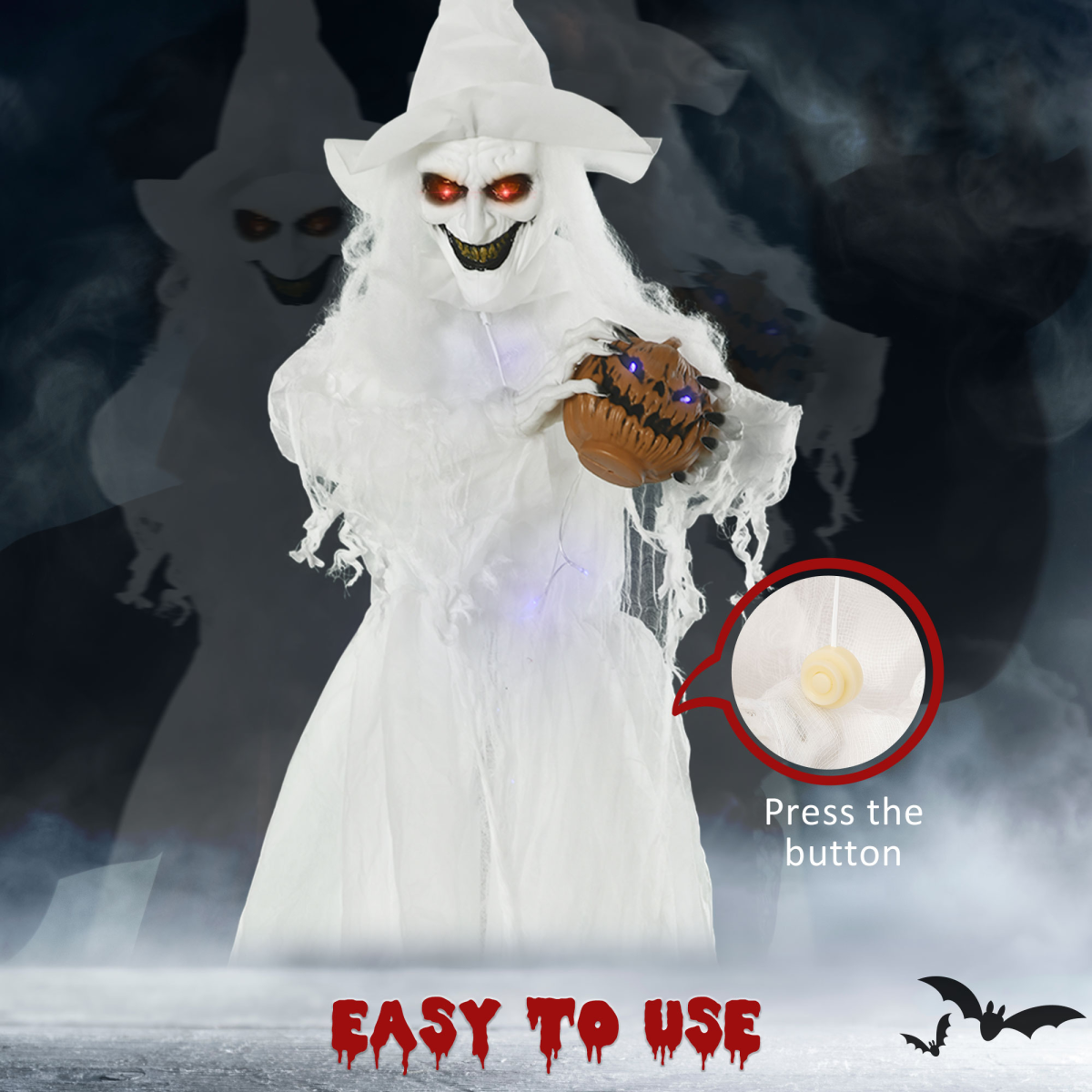 HOMCOM 72 Inch Halloween White Witch Holding Pumpkin – Button-Activated Light-Up Skeleton Ghost Decoration