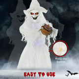 HOMCOM 72 Inch Halloween White Witch Holding Pumpkin – Button-Activated Light-Up Skeleton Ghost Decoration