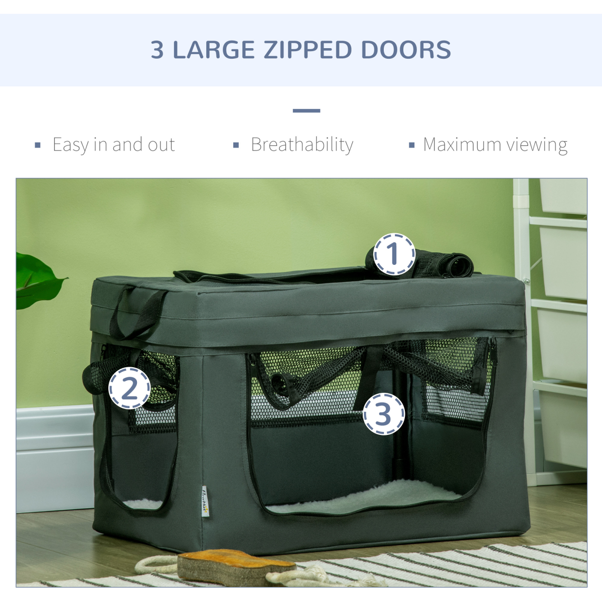 PawHut Foldable Pet Carrier with Cushion & Three Doors – Cat Bag for Miniature Dogs and Cats, Grey