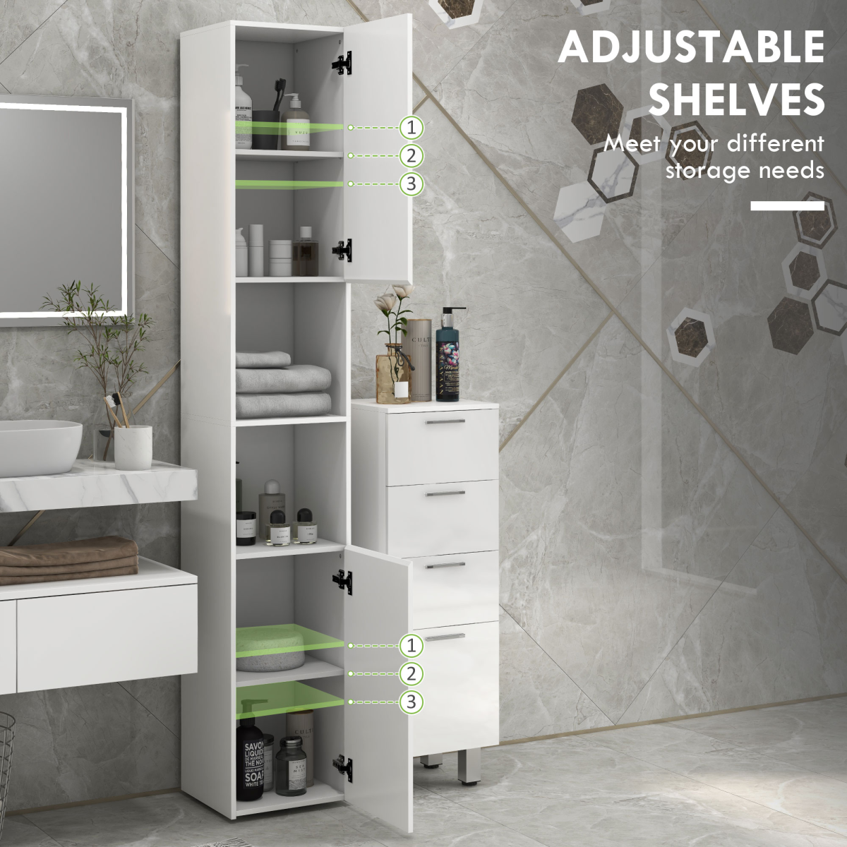 kleankin High Gloss Tall Bathroom Storage Cabinet with Two Cupboards and Adjustable Shelves, White
