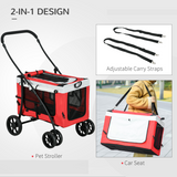 PawHut Foldable Pet Stroller with Detachable Carrier & Soft Padding – Small Dog Pushchair, Red
