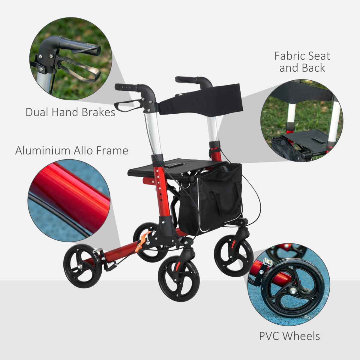 HOMCOM Folding Aluminium Rollator Walker with Seat & Storage Bag – Height Adjustable Mobility Aid