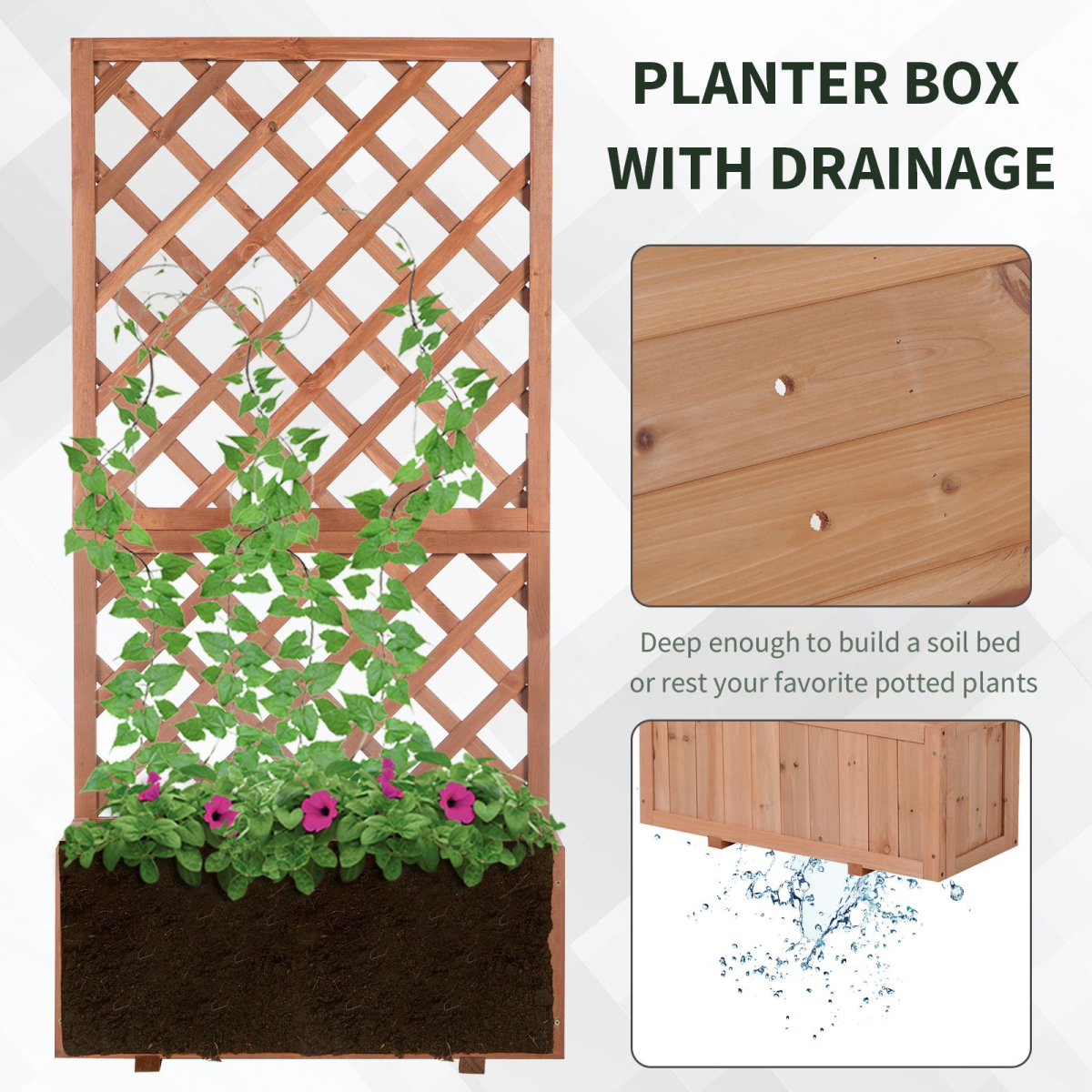 Outsunny Wooden Flower Box Planter with Back Net Board – Fir Wood Garden Display for Plants and Climbers