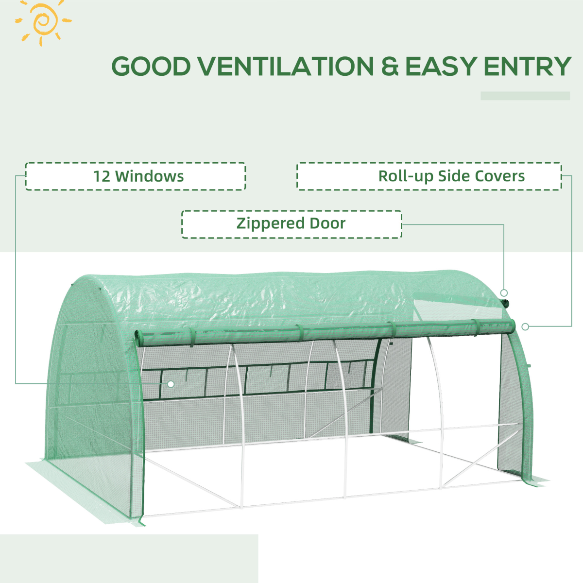 Outsunny 4 x 3 x 2m Polytunnel Greenhouse with Galvanised Steel Frame, Doors & Windows – Walk-In Grow Tent, Green