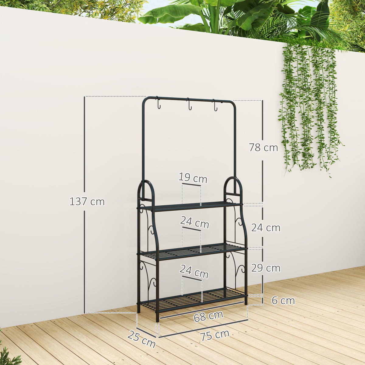 Outsunny 3 Tier Metal Plant Stand with Hanging Hooks – Garden, Balcony and Living Room Plant Shelf, Black
