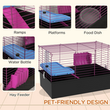 PawHut Small Animal Cage, Rabbit and Guinea Pig Hutch with Platform, Ramp and Hay Feeder – Black