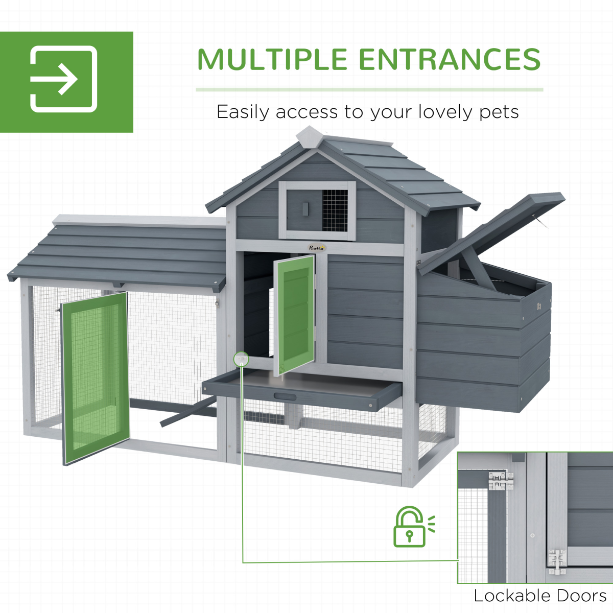 PawHut Small Chicken Coop with Nesting Box, Outdoor Run and Ramp – Fir Wood Hen House, Grey