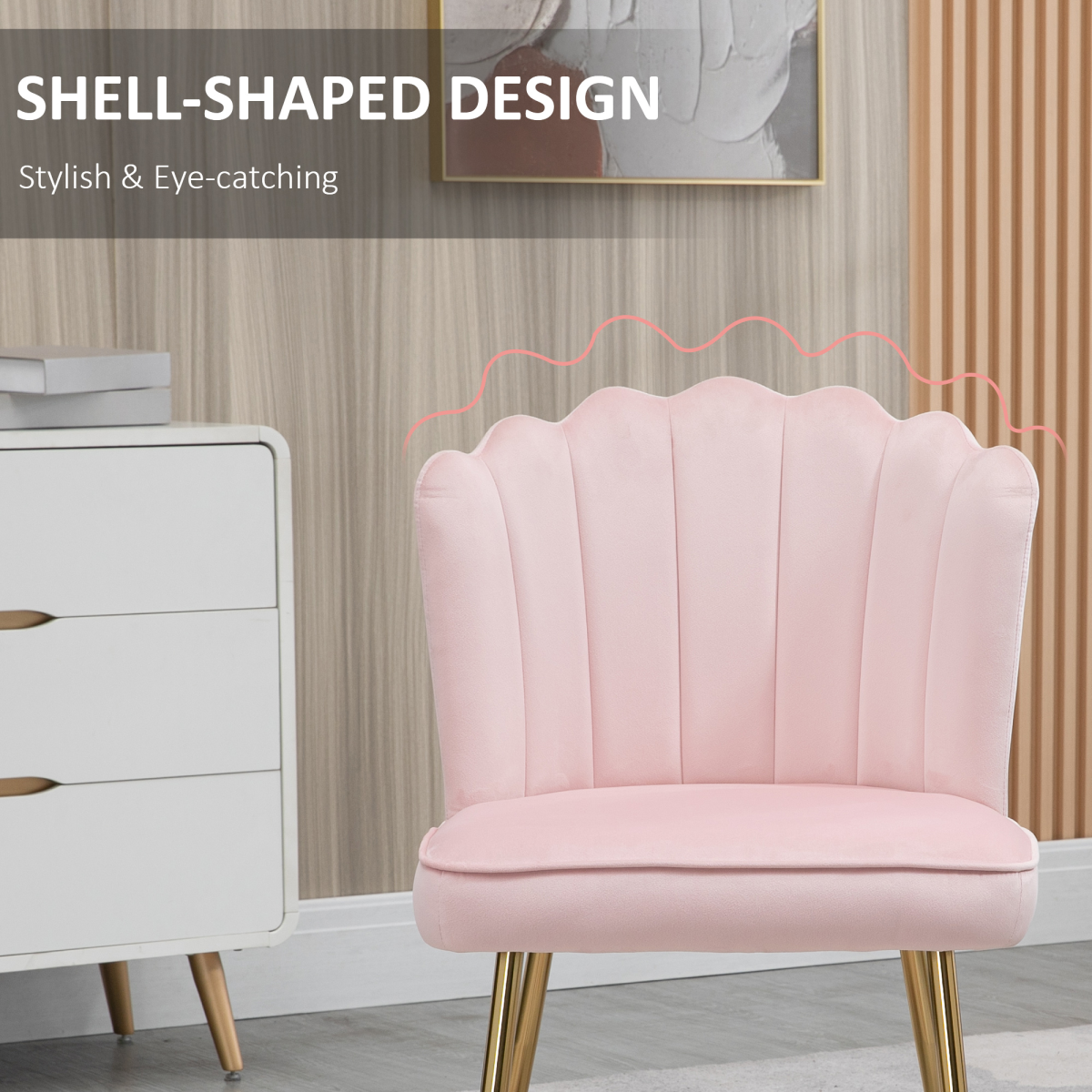 HOMCOM Velvet-Feel Shell Accent Chair with Scalloped Back & Metal Legs – Bedroom Armchair, Pink
