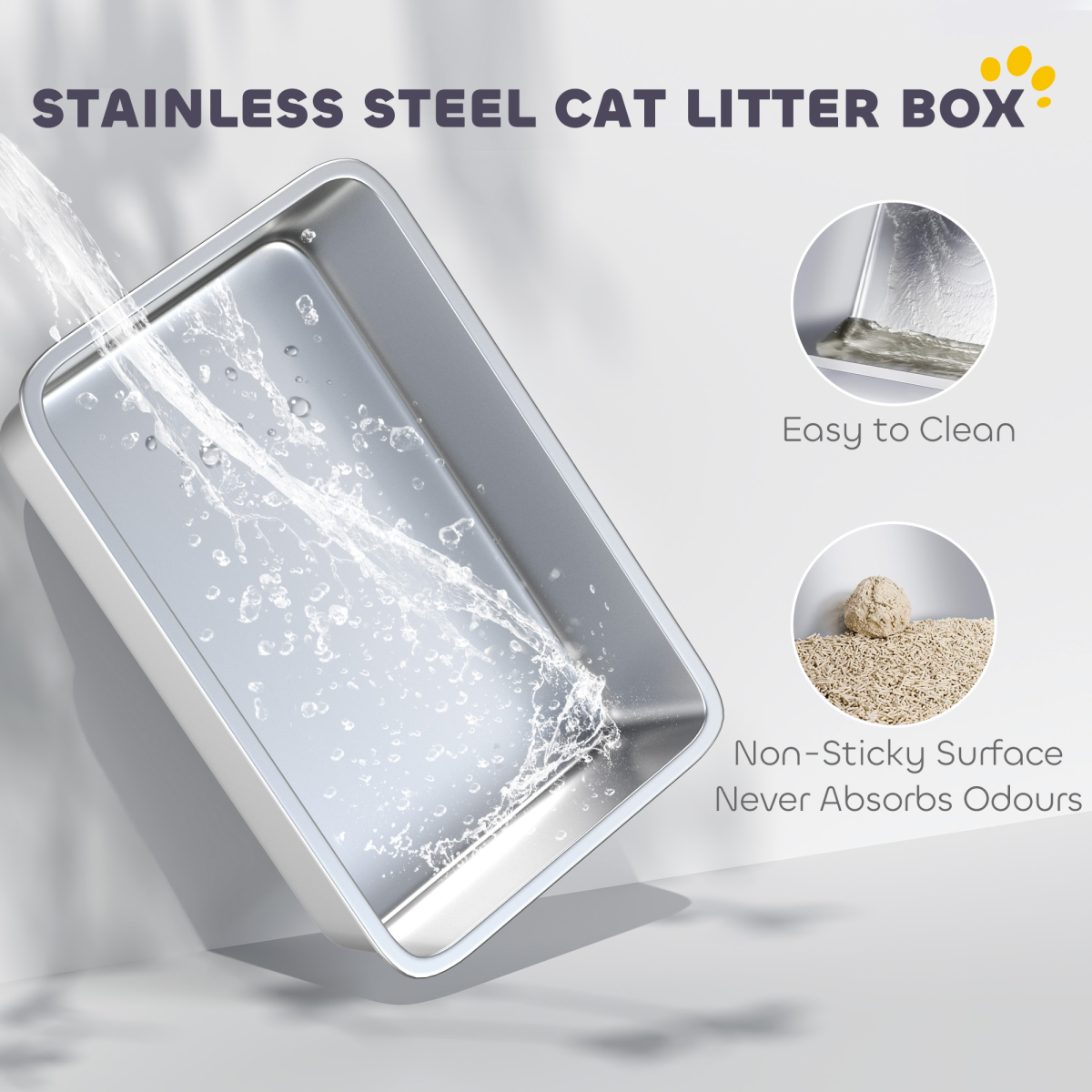 Stainless Steel Cat Litter Box with Scoop, High Sides & Snap-Lock Lid – Litter Tray with Sand Drop Zone & Mat, Grey