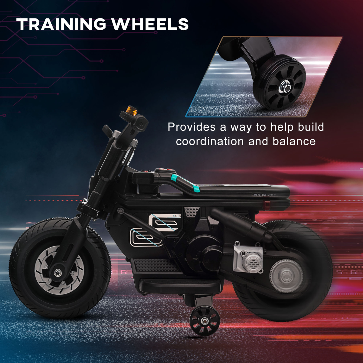 6V Kids Electric Motorbike with Training Wheels – Ride-On Toy with Horn, Siren, Music & Headlights for 3-5 Years, Black