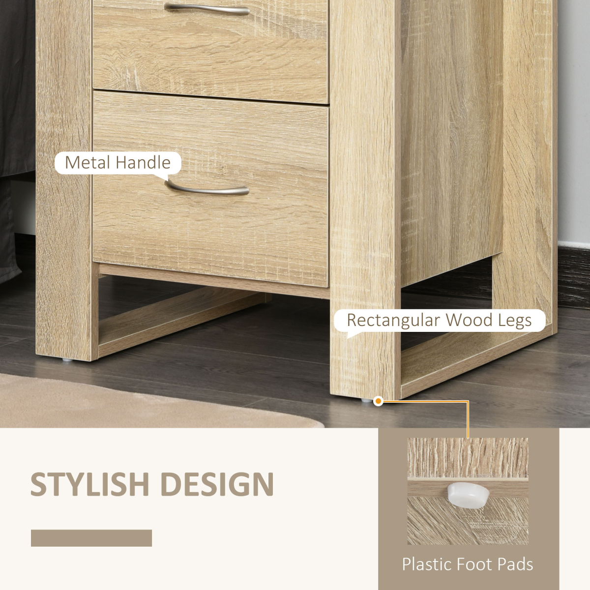 HOMCOM 2-Drawer Bedside Table with Silver-Tone Handles – Bedroom Storage, Natural