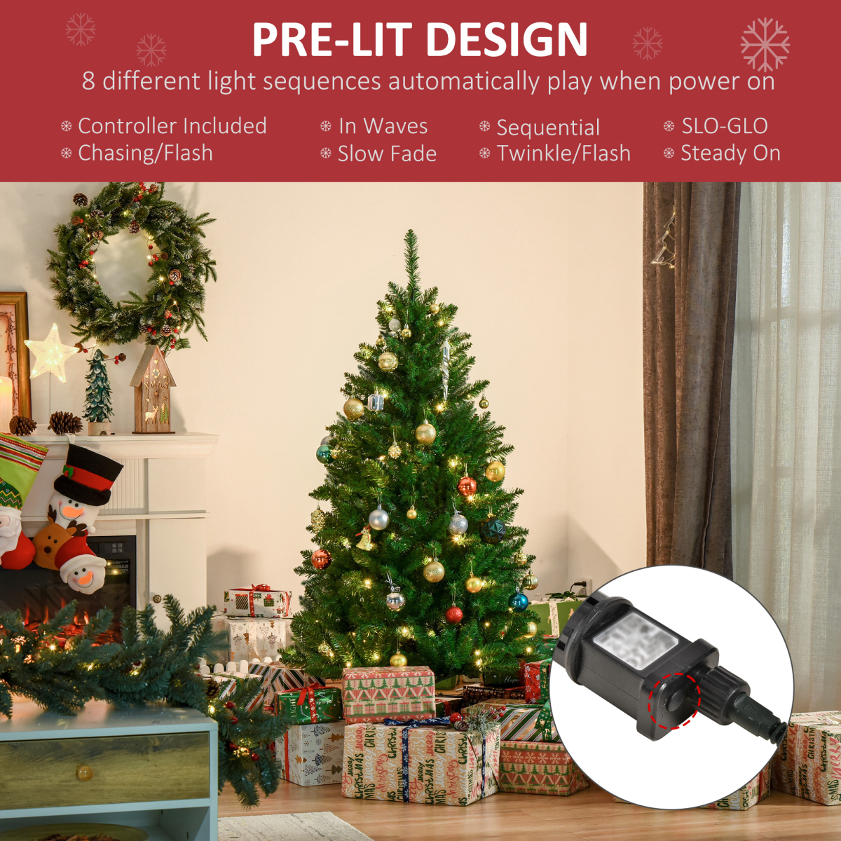 HOMCOM 5ft Pre-Lit Christmas Tree with Warm White LEDs, 8 Light Modes & Foldable Base – Green
