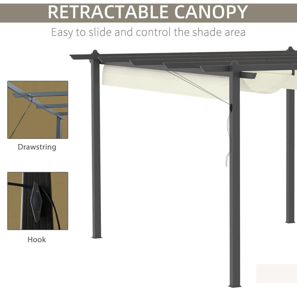 Outsunny 4x3m Aluminium Pergola Gazebo with Retractable Canopy & Ground Stakes – Garden Patio Shade, Cream White