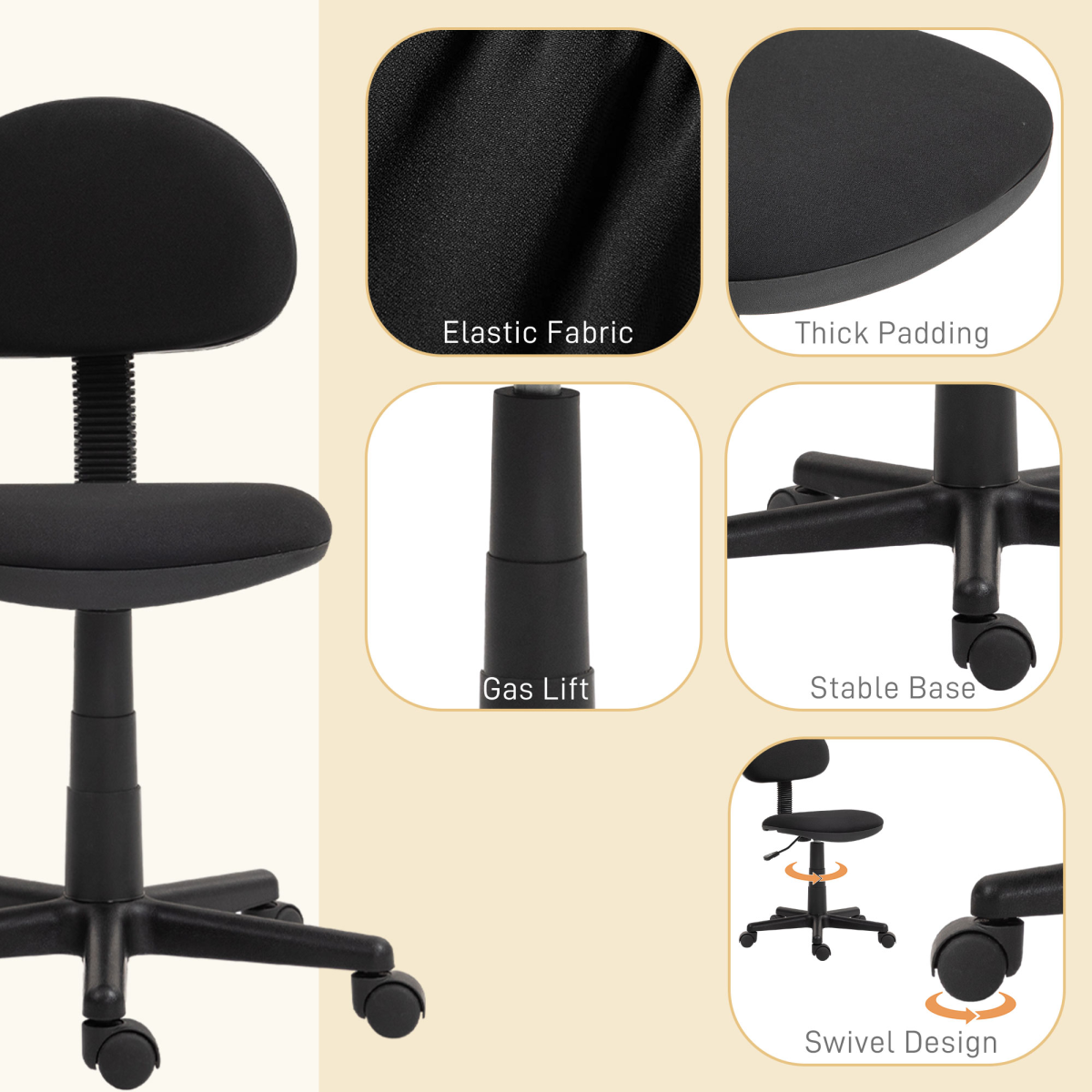 HOMCOM Armless Office Chair with Adjustable Height and 360° Swivel Wheels – Padded Desk Chair, Black
