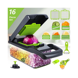 16 in 1 Vegetable Chopper with 1.5L Container, Drain Basket and Lid – Mandoline Slicer, Dicer and Peeler