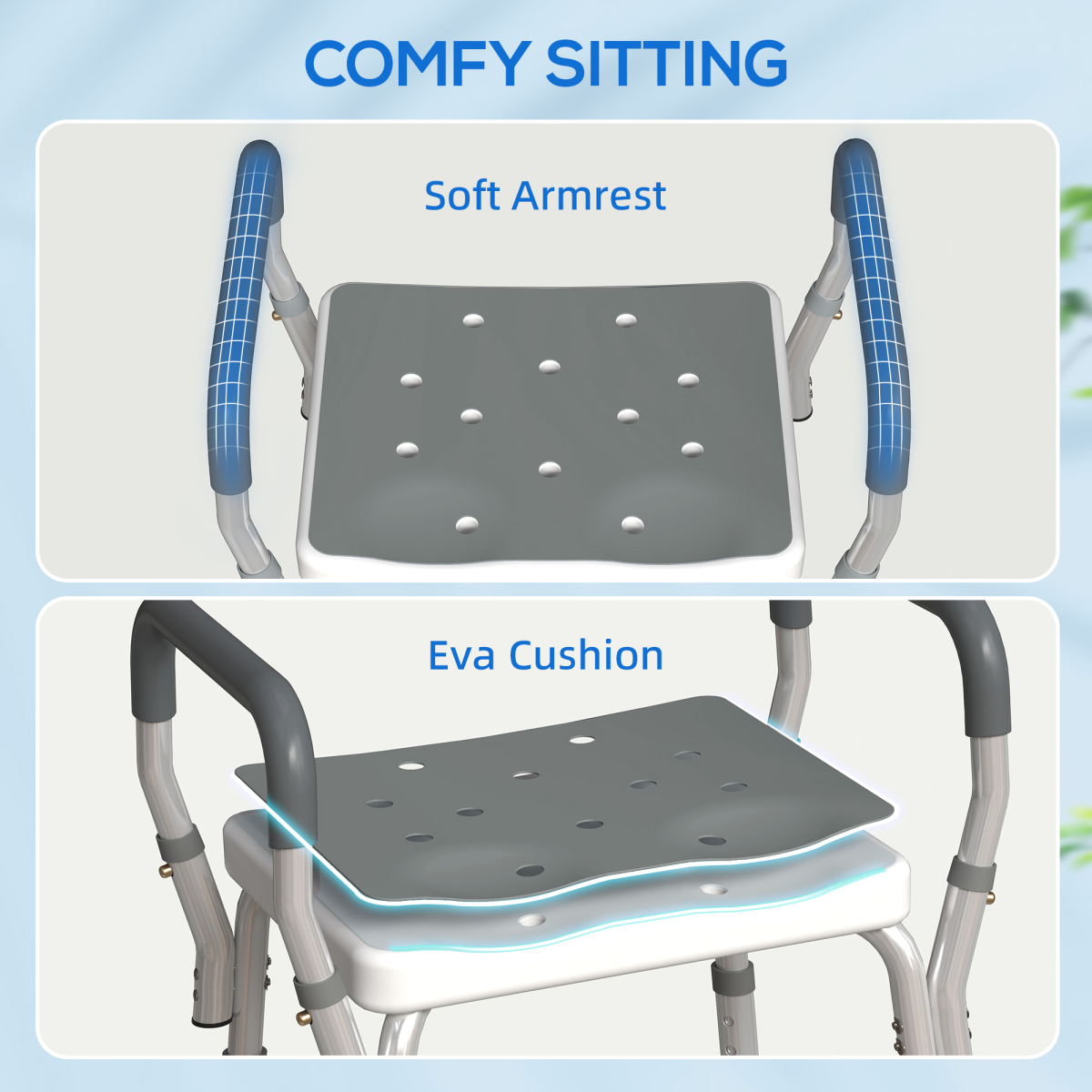 HOMCOM Rust-Free Aluminium Bath Chair with 6-Level Adjustable Height and Anti-Slip Mats – Bathing Seat, Grey