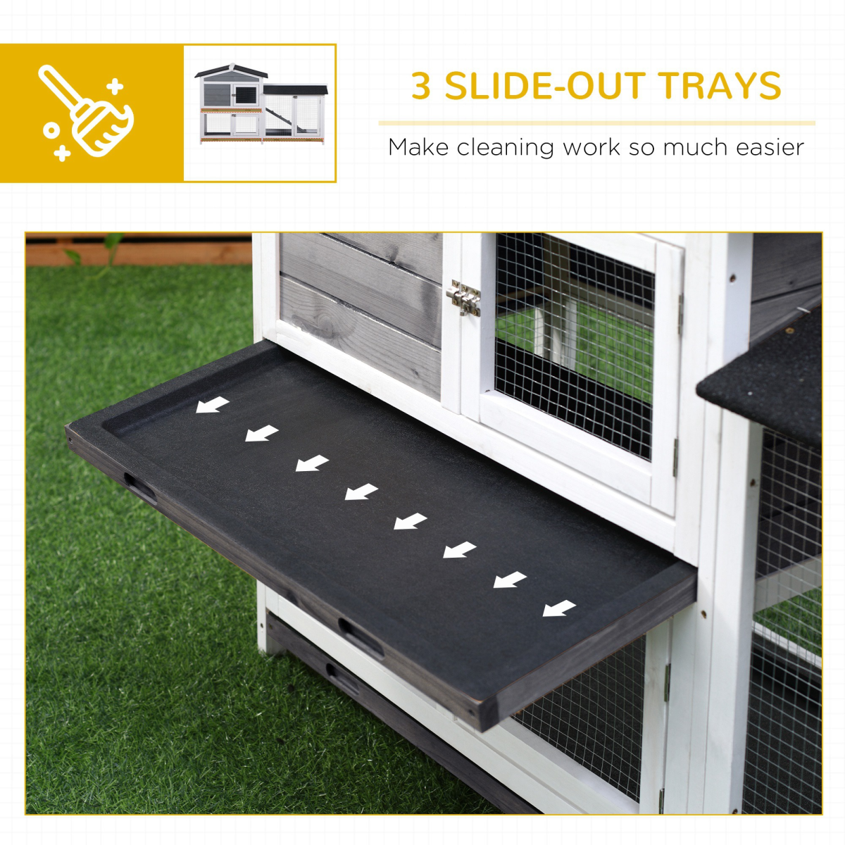 Wooden Rabbit Hutch and Run with Elevated House, Ramp, Asphalt Roof and Slide-Out Trays – 157 x 53 x 93cm