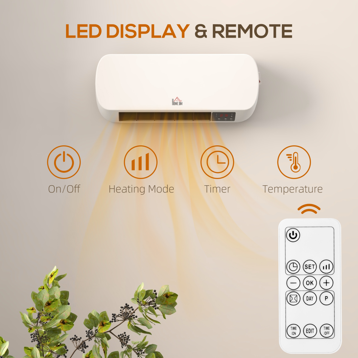 HOMCOM Wall Mounted Electric Heater, 2000W PTC Ceramic with Remote & 12-Hour Timer – White