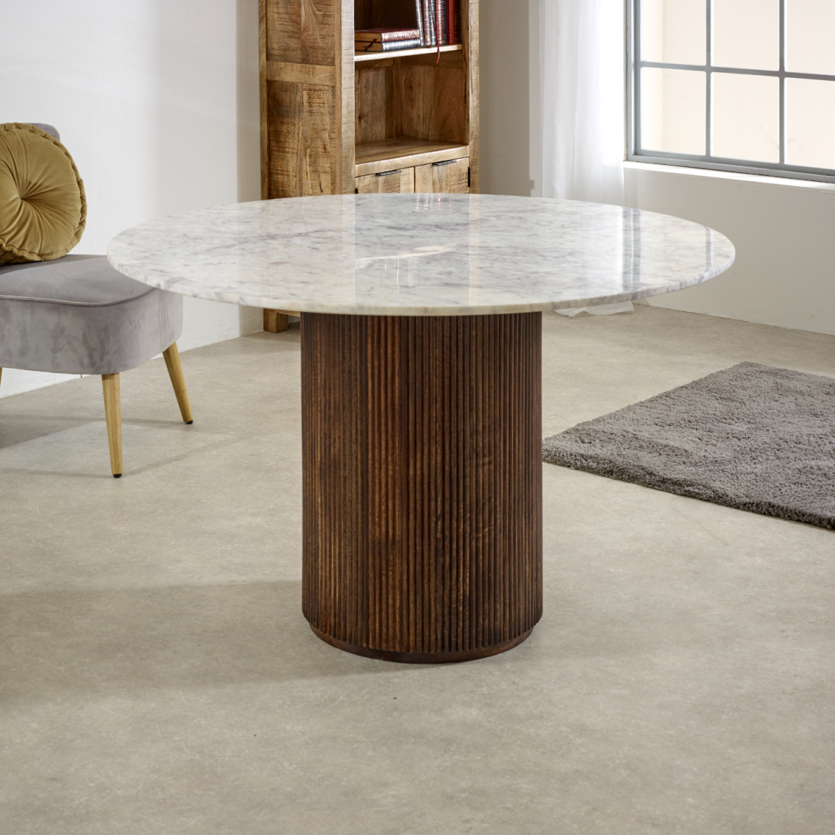 Opal Round Mango Wood Dining Table with White Marble Top – Handmade Artisan Table for Sociable Dining