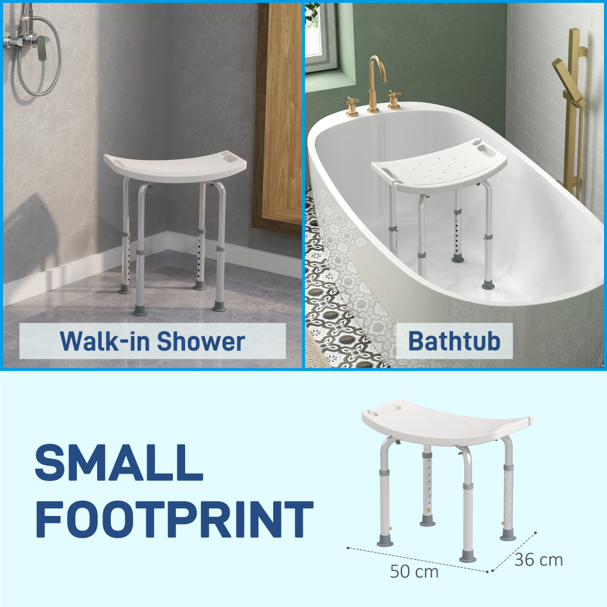 HOMCOM Mobility Shower and Bath Stool with Adjustable Height and Non-Slip Suction Feet – Aluminium Seat