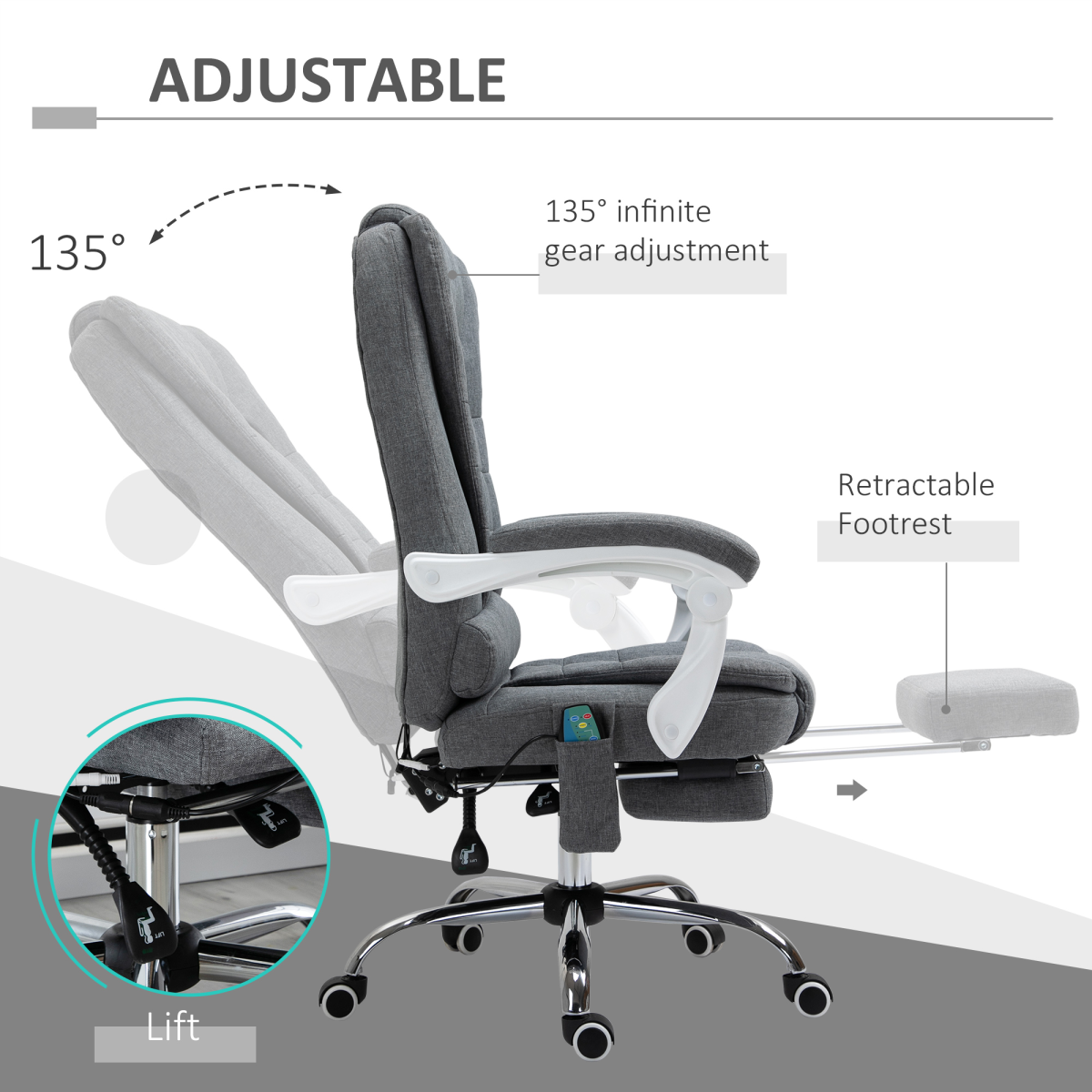 Vinsetto Heated Massage Office Chair with 6 Vibration Points – High Back Reclining Desk Chair, Grey