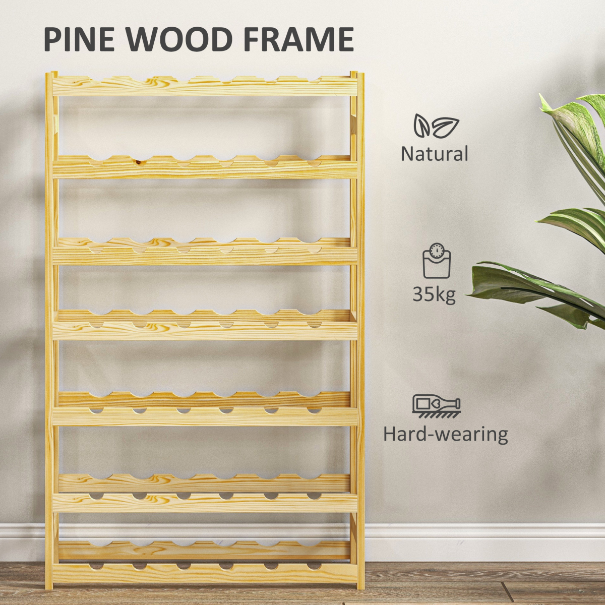 HOMCOM Freestanding Wooden Wine Rack for 42 Bottles – Pine Kitchen & Dining Storage, Natural