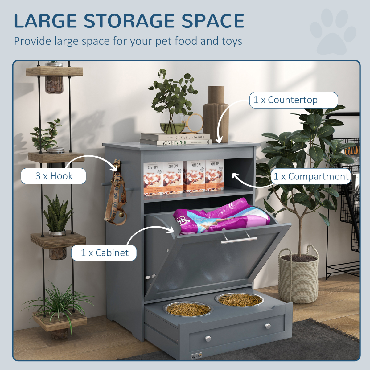 PawHut Pet Feeder Station with Two Removable Bowls & Storage Cabinet – Dog and Cat Feeding Table, Grey