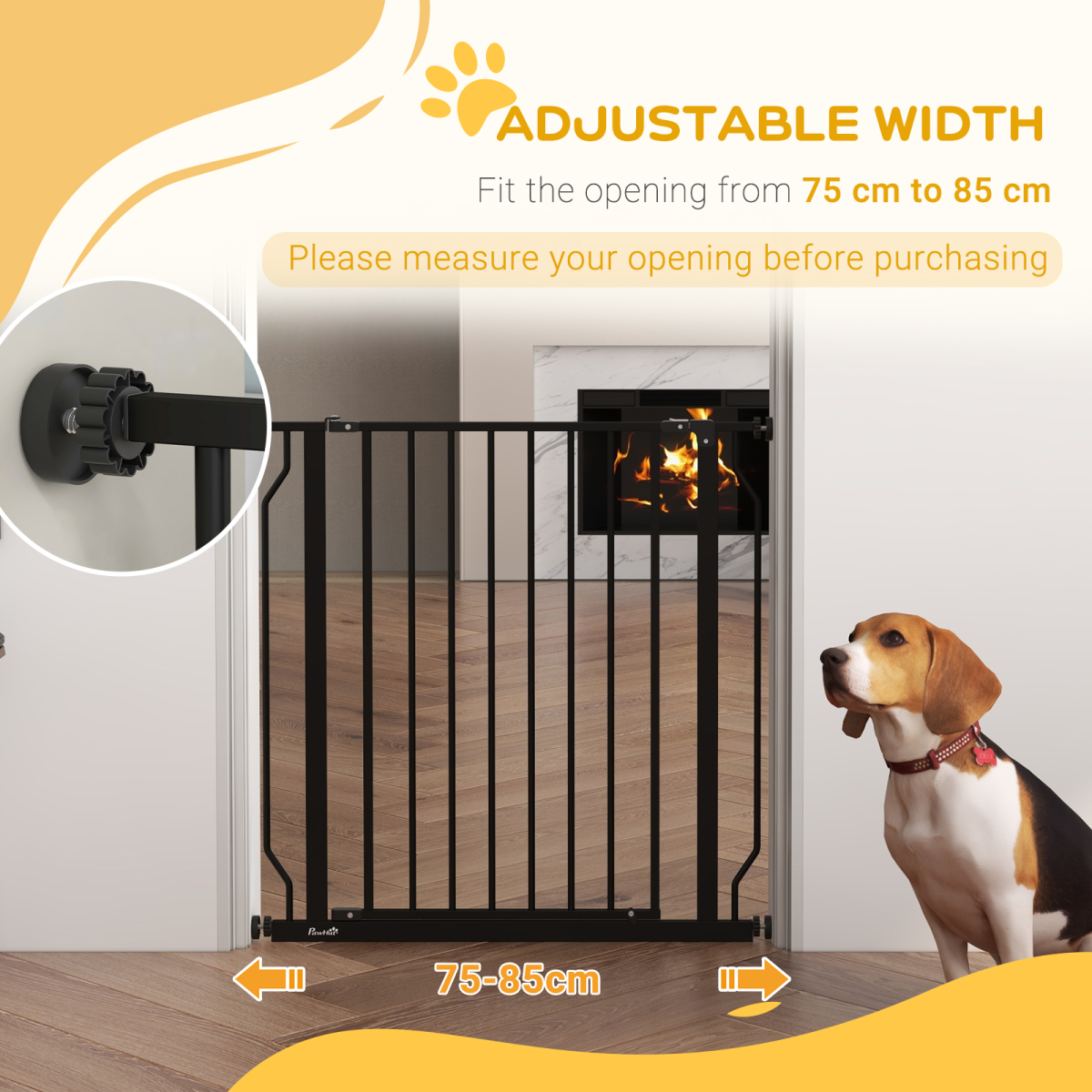 PawHut Wide Pressure-Fit Dog Stair Gate with Door, 75–85cm Adjustable Width, Black