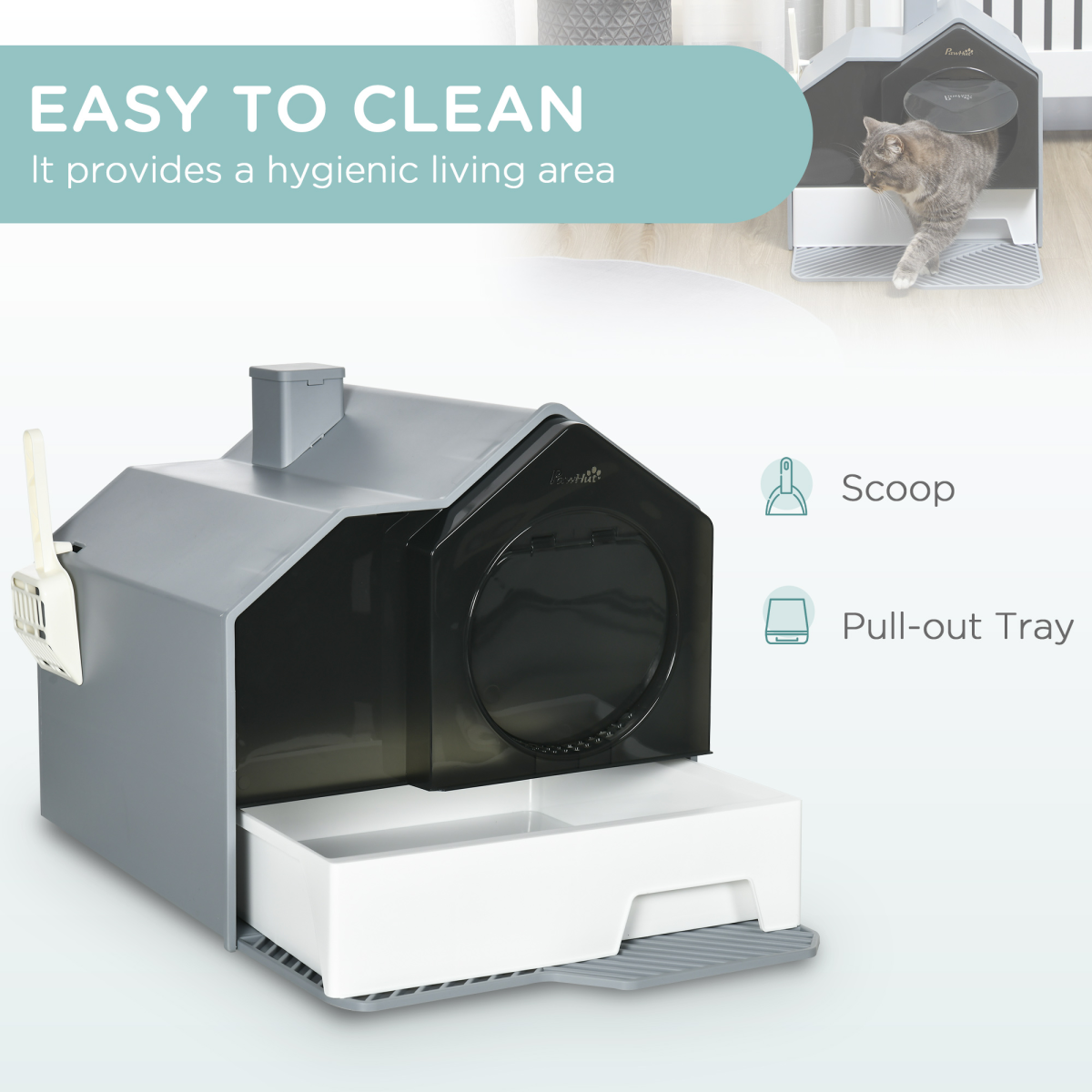 PawHut Hooded Cat Litter Tray with Scoop, Pull-Out Drawer Pan, Carry Handle & Deodorant Chimney – Hut Design