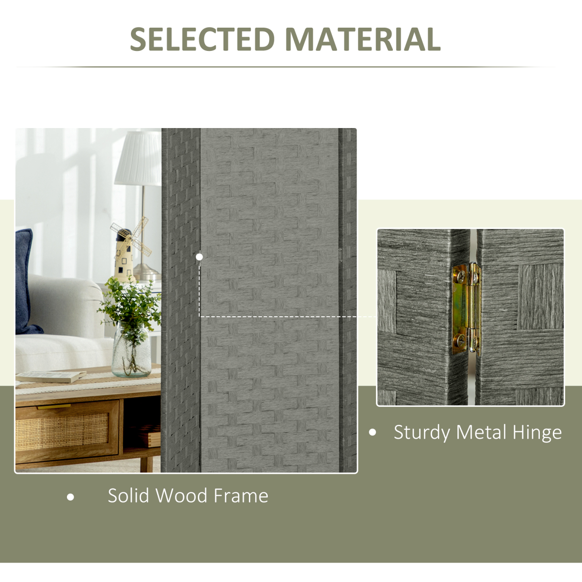4-Panel Folding Room Divider, Wave Fibre Woven Wicker Effect Privacy Screen with Wood Frame, Grey