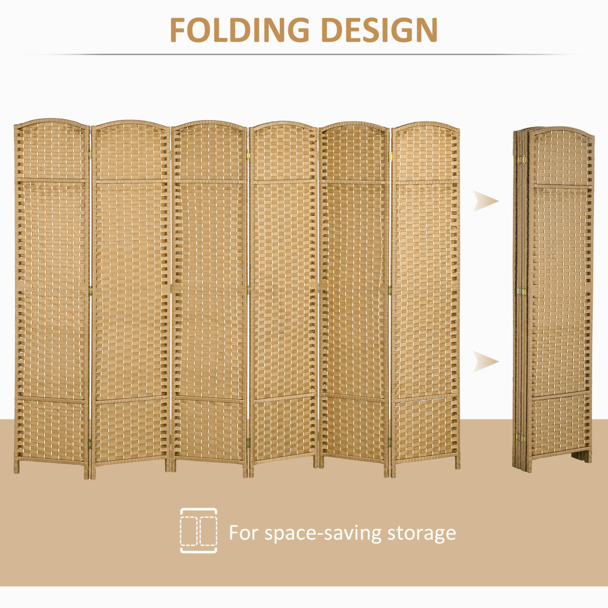 HOMCOM 6 Panel Woven Folding Room Divider with Arched Top – Privacy Screen, 240 x 170cm