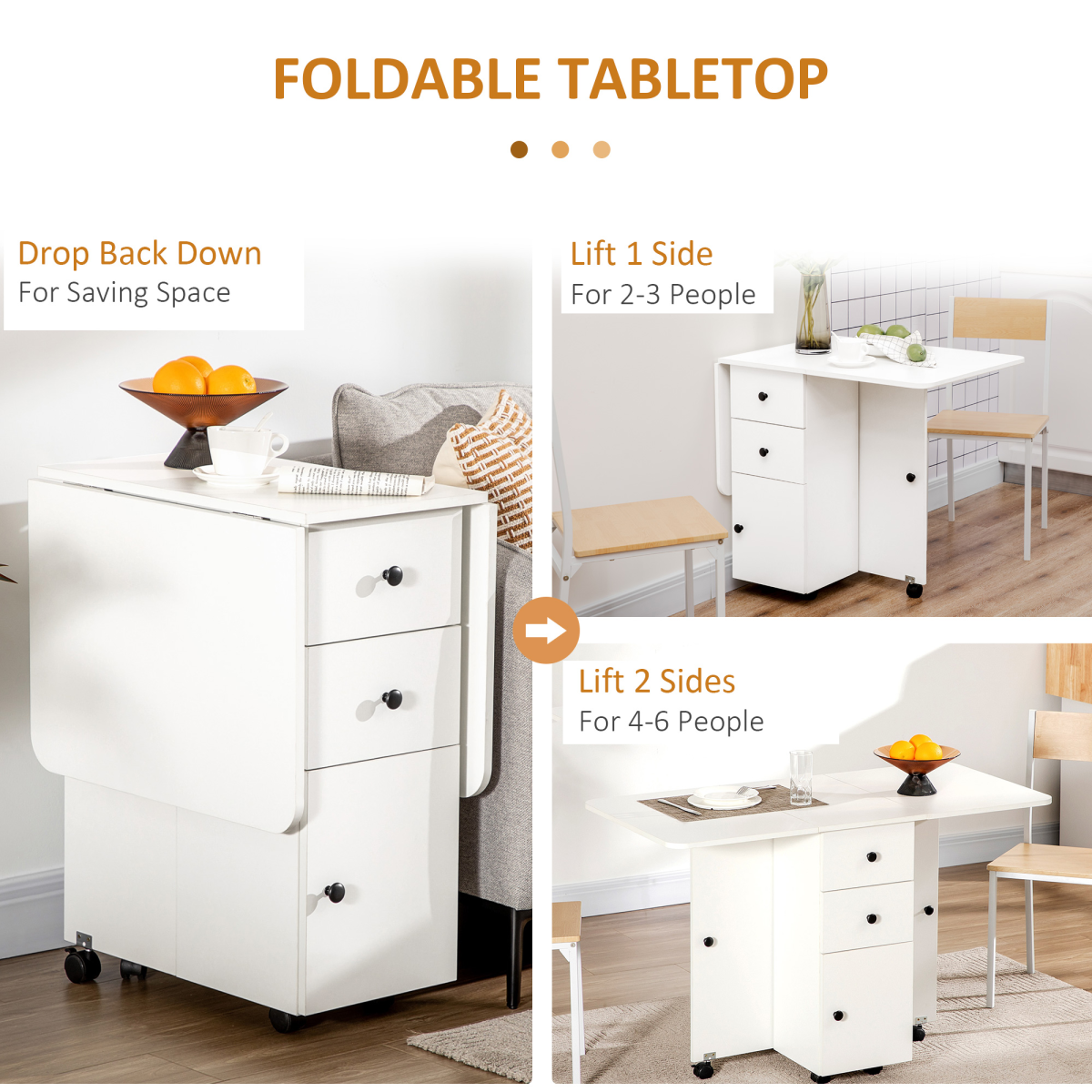 HOMCOM Folding Drop Leaf Dining Table with Storage Drawers – Space-Saving Dining & Sideboard, White