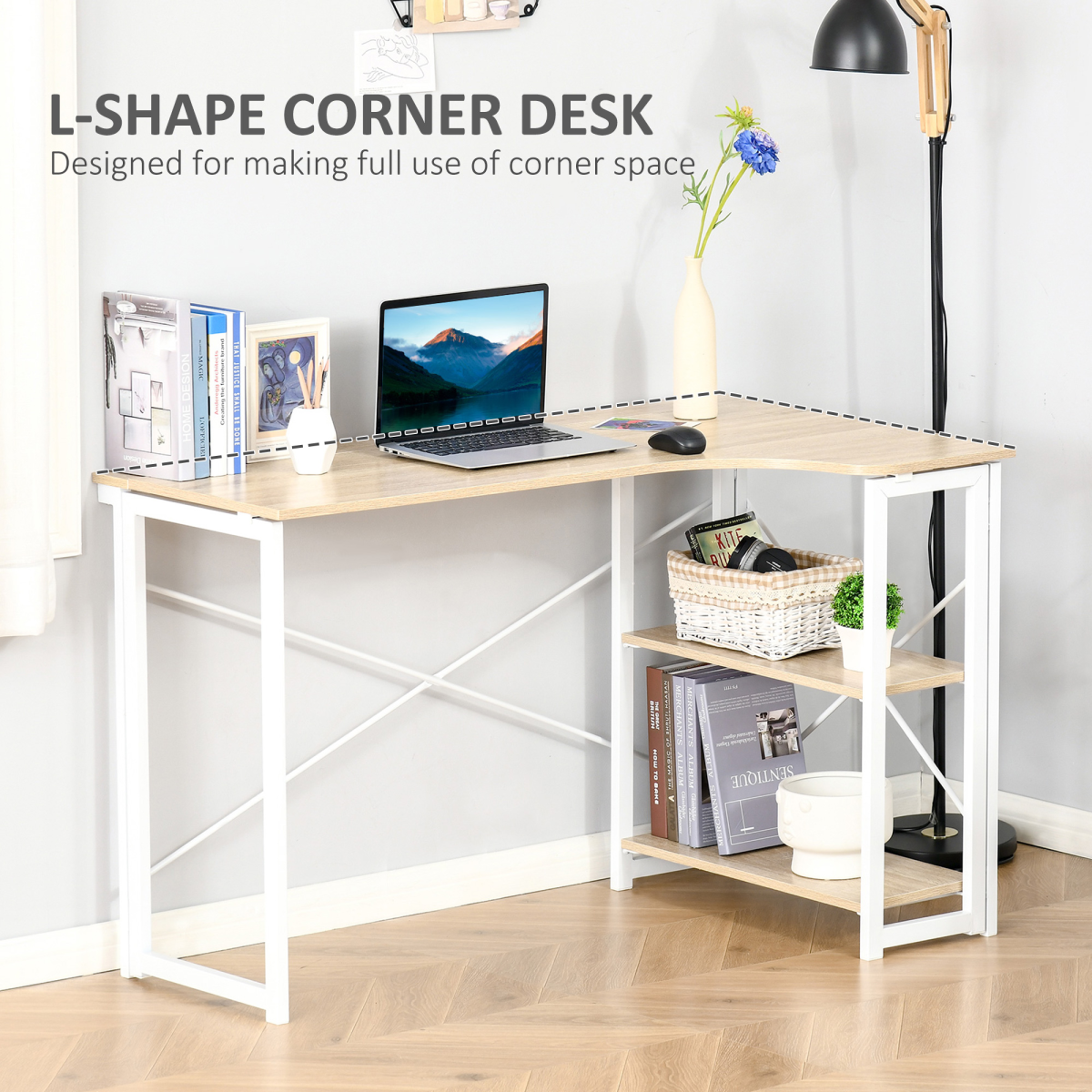 HOMCOM L-Shaped Folding Computer Desk with 2 Shelves – Oak Tone, Space-Saving Home Office