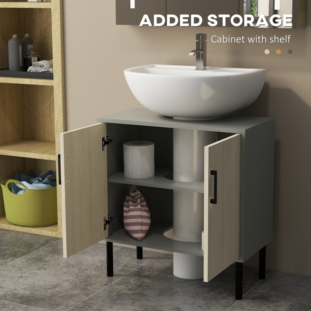 kleankin Under Sink Bathroom Basin Cabinet with Shelf and U-Shaped Cut-Out – Cloakroom Storage