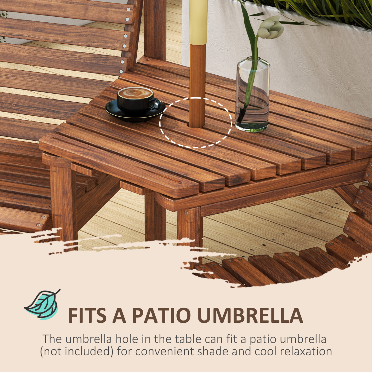 Outsunny Wooden Garden Love Seat Bench with Coffee Table & Parasol Hole – 2 Seater Fir Wood, Tan Brown