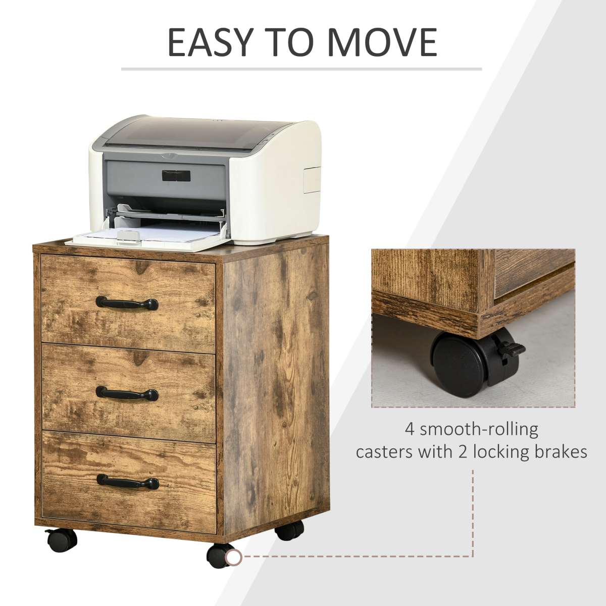 HOMCOM Rolling File Cabinet with 3 Drawers and Lockable Casters – Under Desk Mobile Filing Organiser, Wood Grain