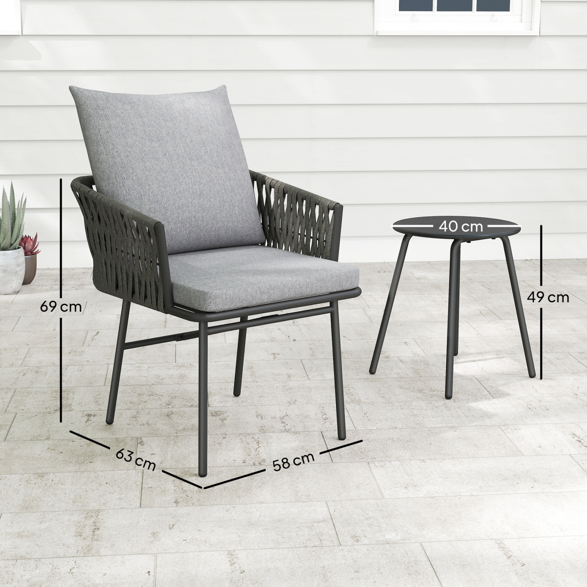 Outsunny 3-Piece Rattan Bistro Set with 2 Cushioned Chairs & Round Metal-Top Table – Balcony Furniture, Grey