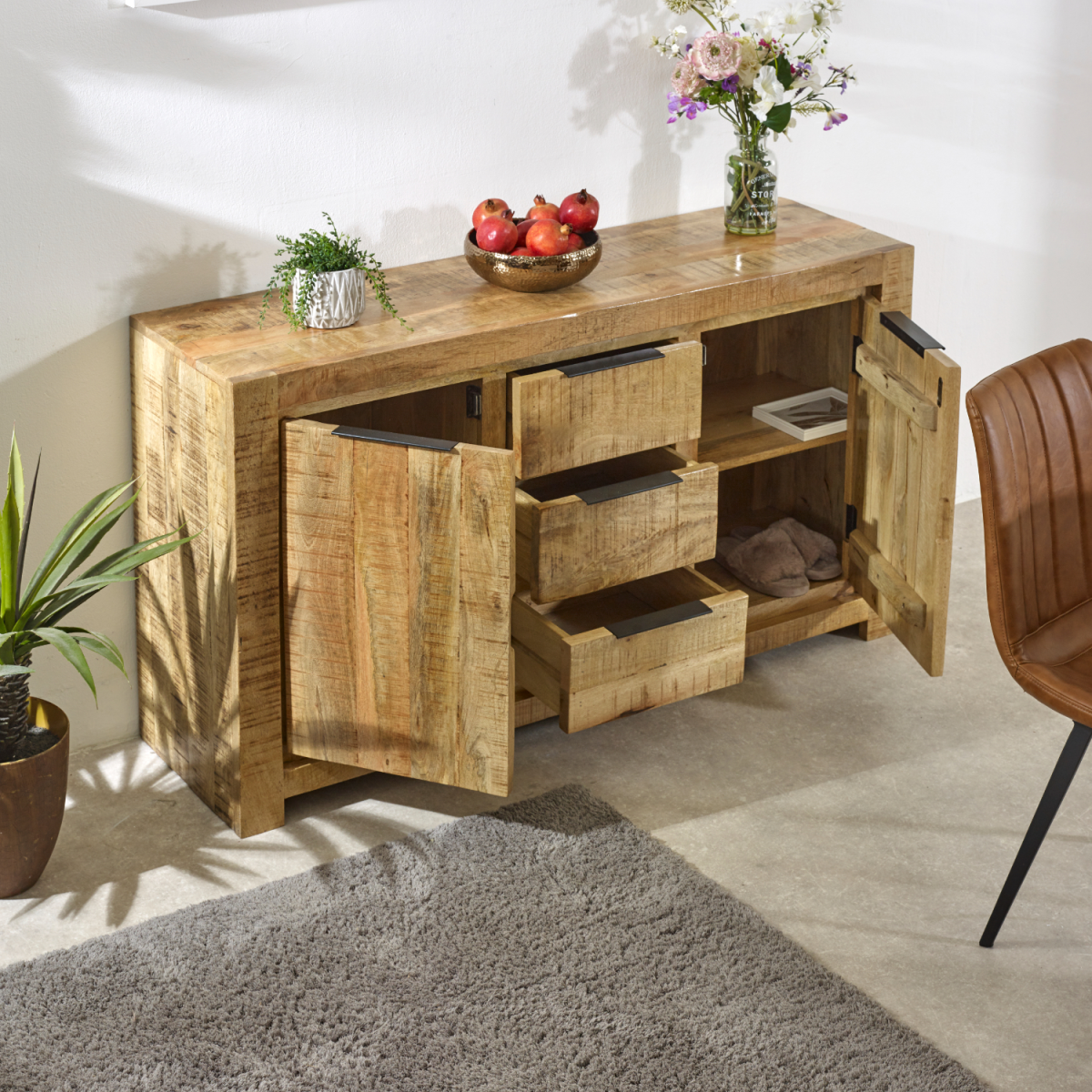 Surrey Solid Mango Wood Large Sideboard with 2 Doors & 3 Drawers – Eco-Sourced Living & Dining Storage