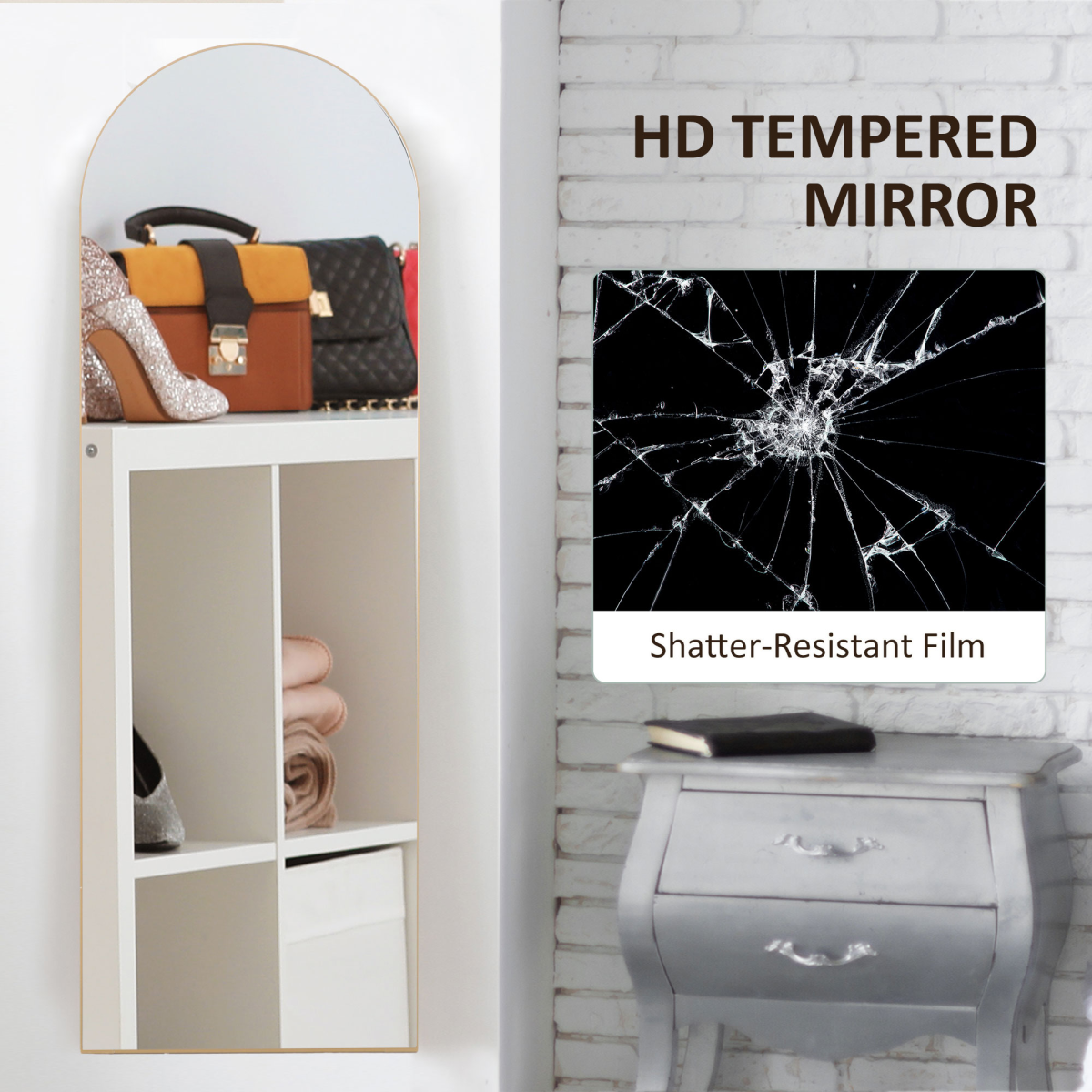 HOMCOM Full Length Curved Floor Mirror 150 x 50cm with Shatter-Proof Film – Wall Mount or Freestanding, Gold