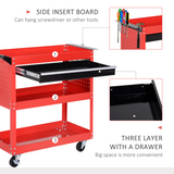 3-Tier Rolling Tool Trolley Cart with Drawer & Lockable Castors – Workshop Storage, Red