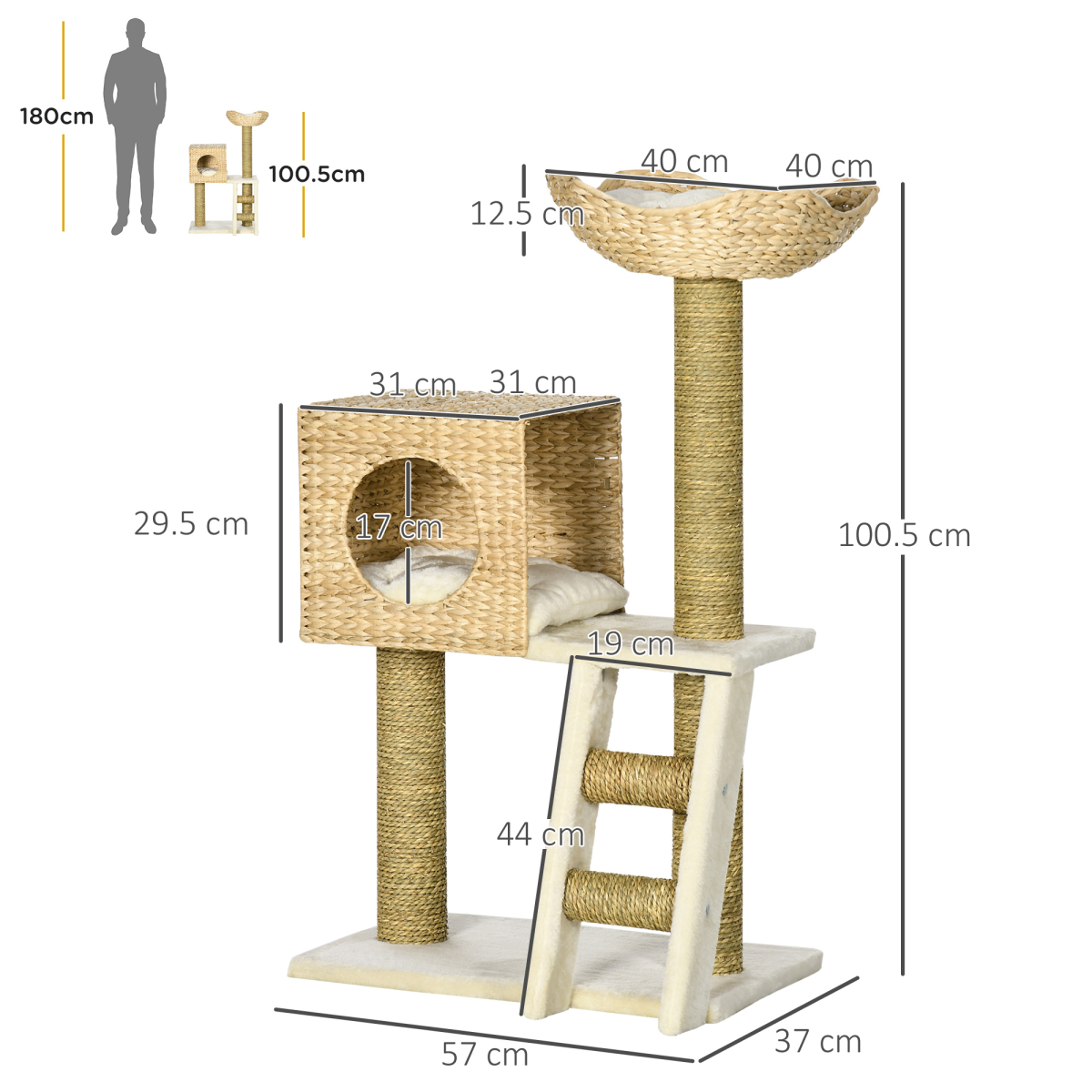 PAWHUT Cat Tree with House, Bed, Ladder and Scratching Posts – Plush Kitten Tower, 100.5cm