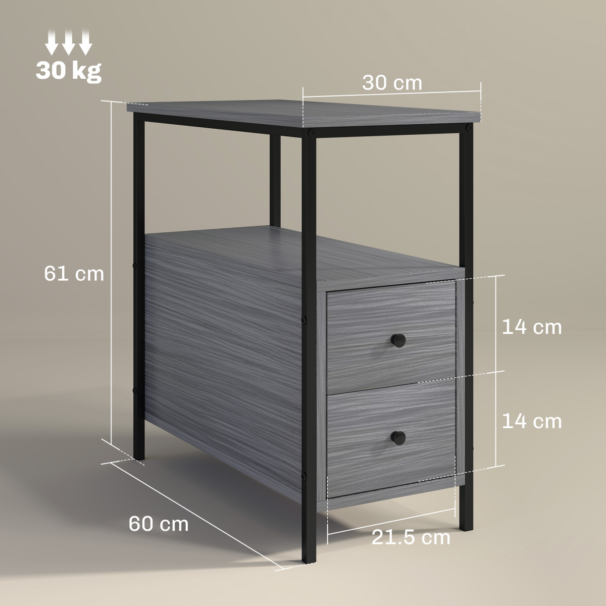 HOMCOM Narrow End Table with 2 Drawers and Storage Shelves – Industrial Sofa Side Table, Grey