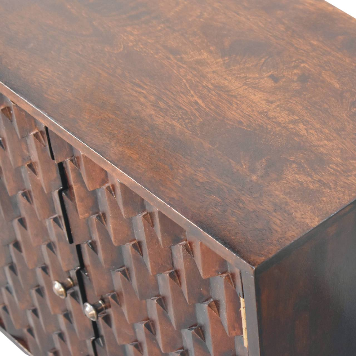 Artisan Furniture Mini Pineapple Carved Walnut Cabinet – Solid Mango Wood, 2 Doors, Nordic Feet, Brown