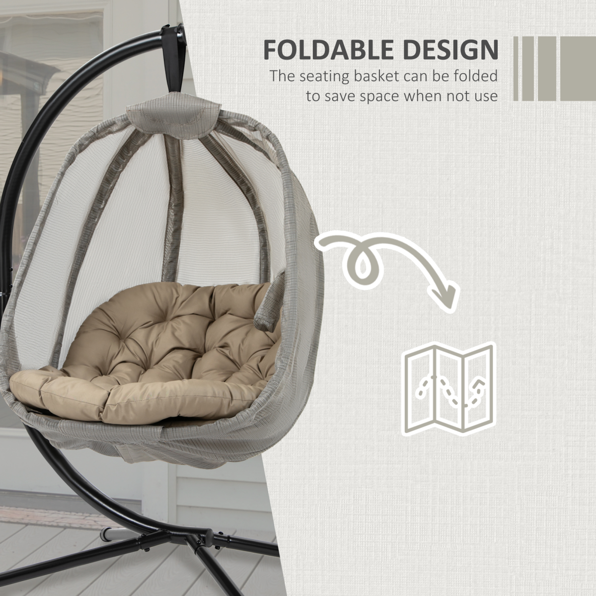 Outsunny Hanging Egg Chair with Cushion & Stand – Breathable Mesh Basket, Indoor & Garden Swing Seat, Khaki