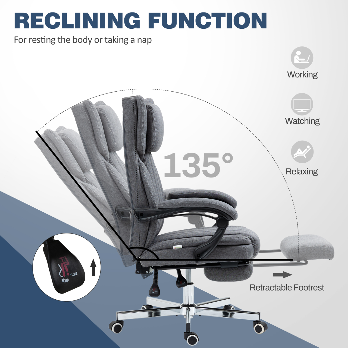 HOMCOM Executive Reclining Office Chair with Headrest & Retractable Footrest – Dark Grey Linen-Look