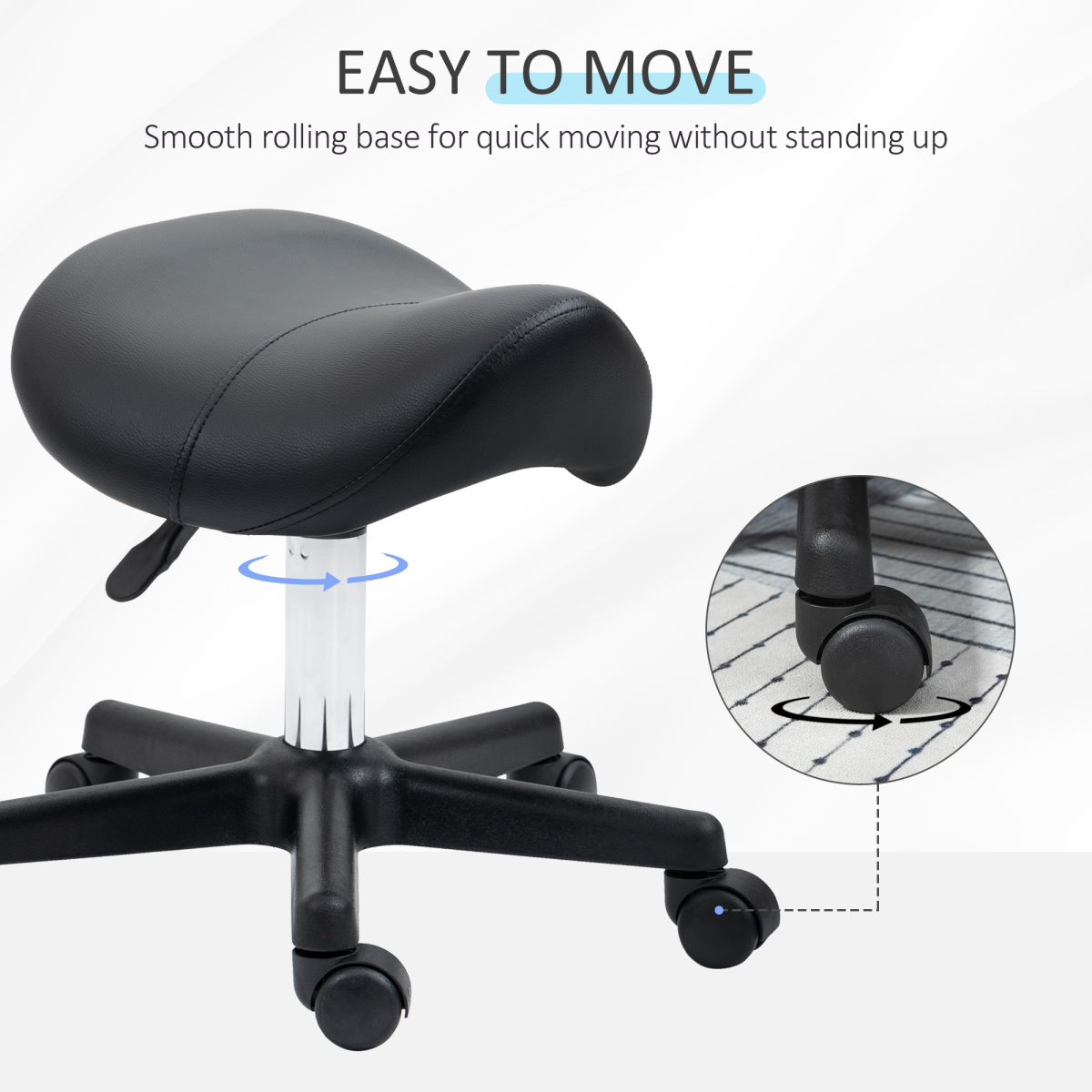 HOMCOM Saddle Stool in PU Leather, Adjustable 45–57cm Height, Steel Frame, 5 Wheels – Rolling Salon Chair