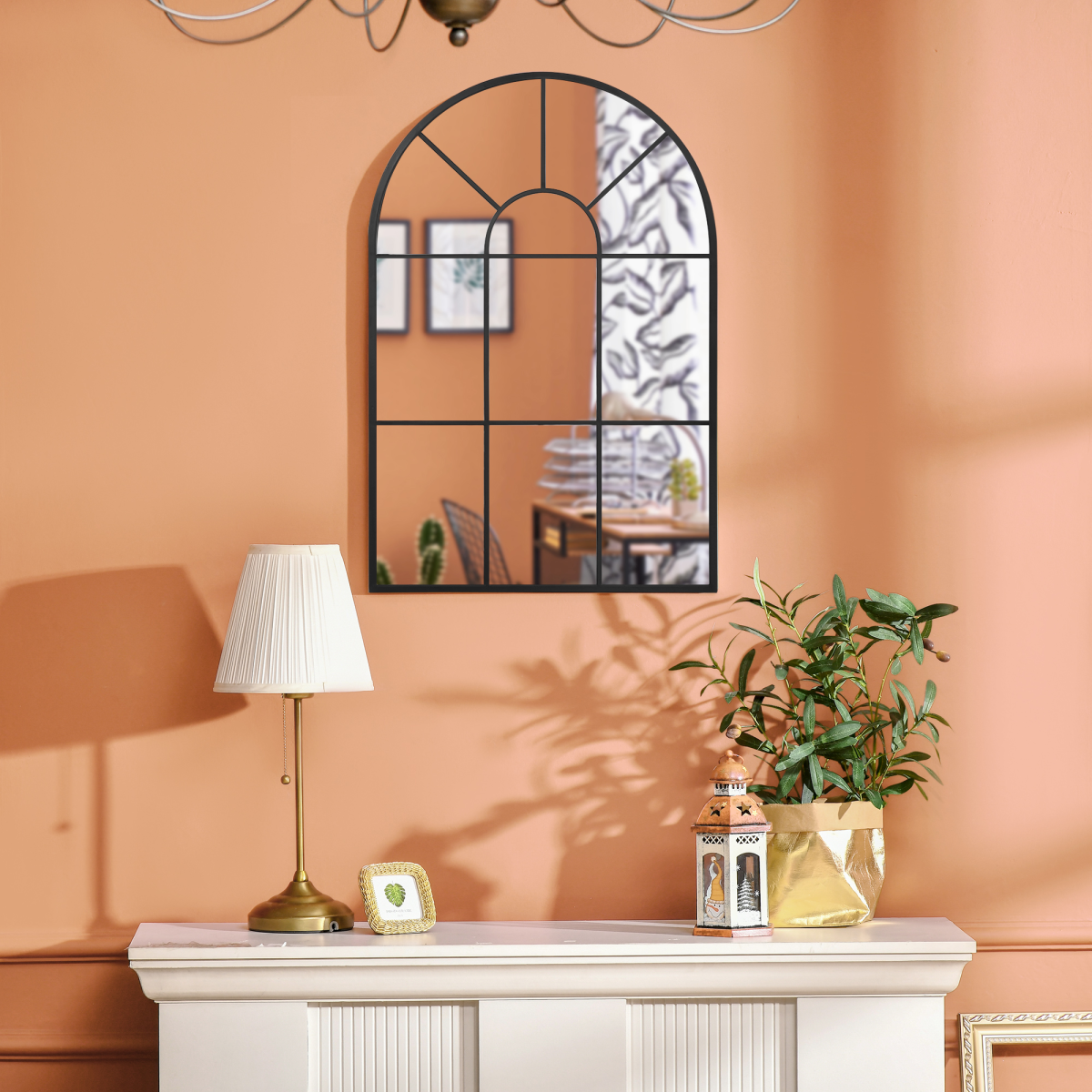 HOMCOM Modern Arched Window Wall Mirror, 91 x 60cm – Black Frame with Grid Design for Living Room & Hallway