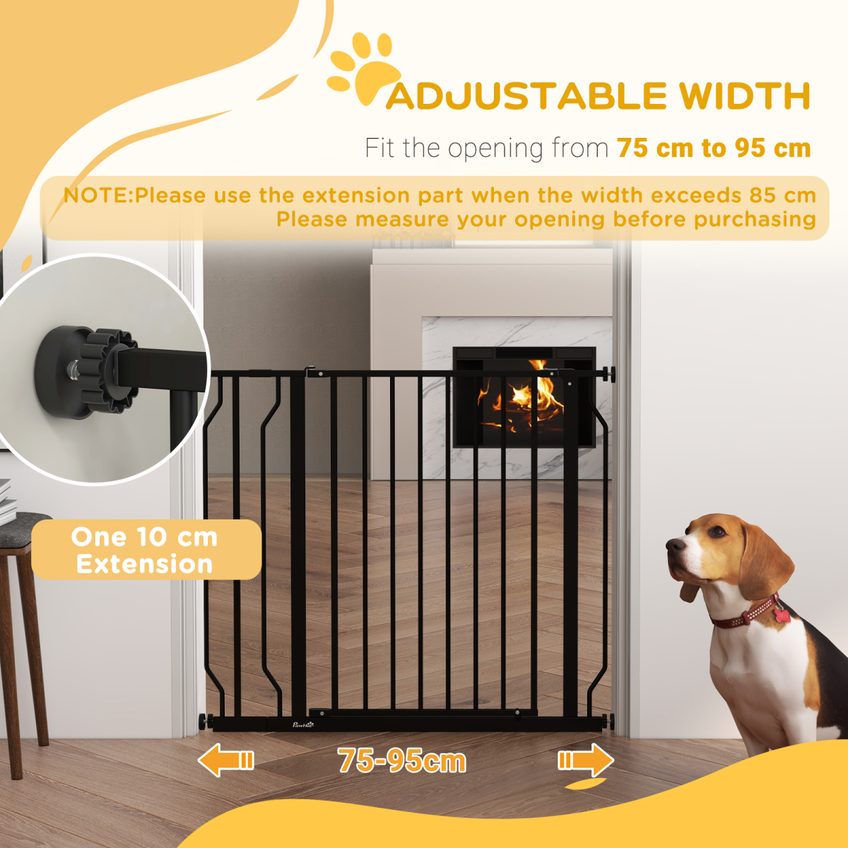 PawHut Wide Pressure-Fit Dog Gate with Door, 75–95cm Adjustable – Stair and Doorway Pet Barrier, Black